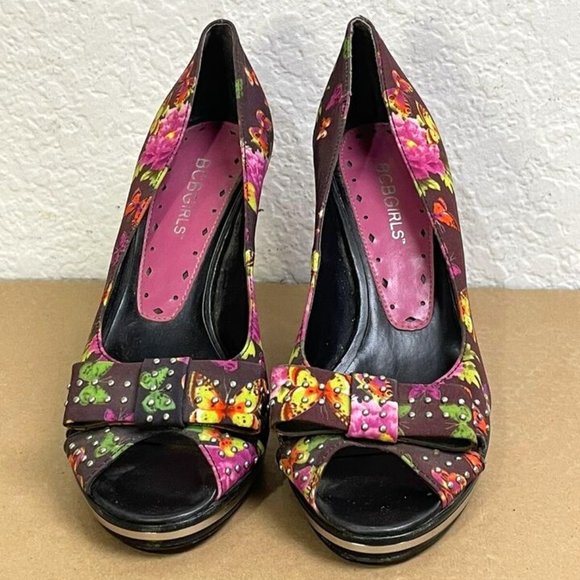 BCBG GIRLS Floral Fabric & Leather Open Toe Stiletto Heels Bow Black Pink 6B 36 - Picture 1 of 8